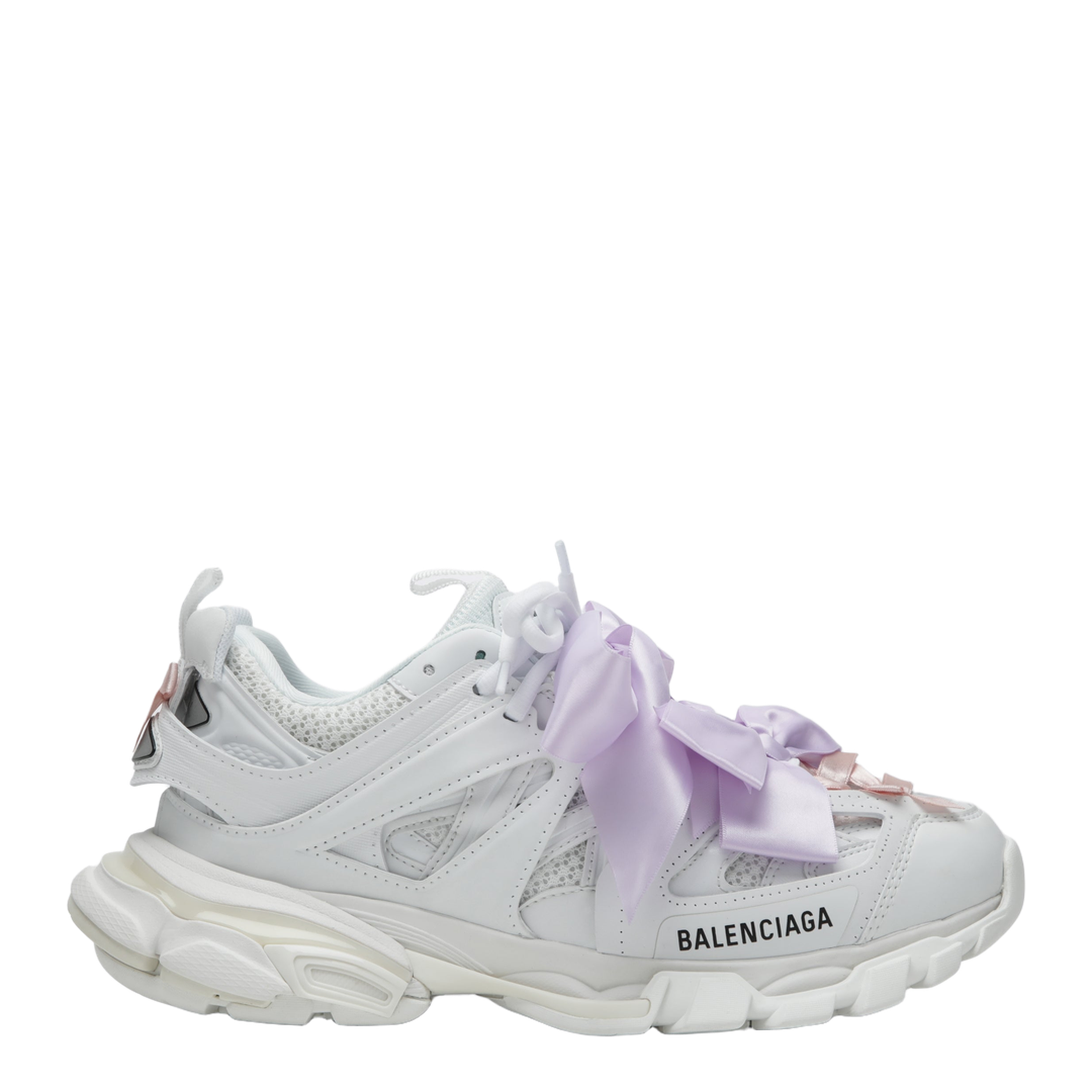 Track Bow Sneakers in Mixed Materials, White and Pink