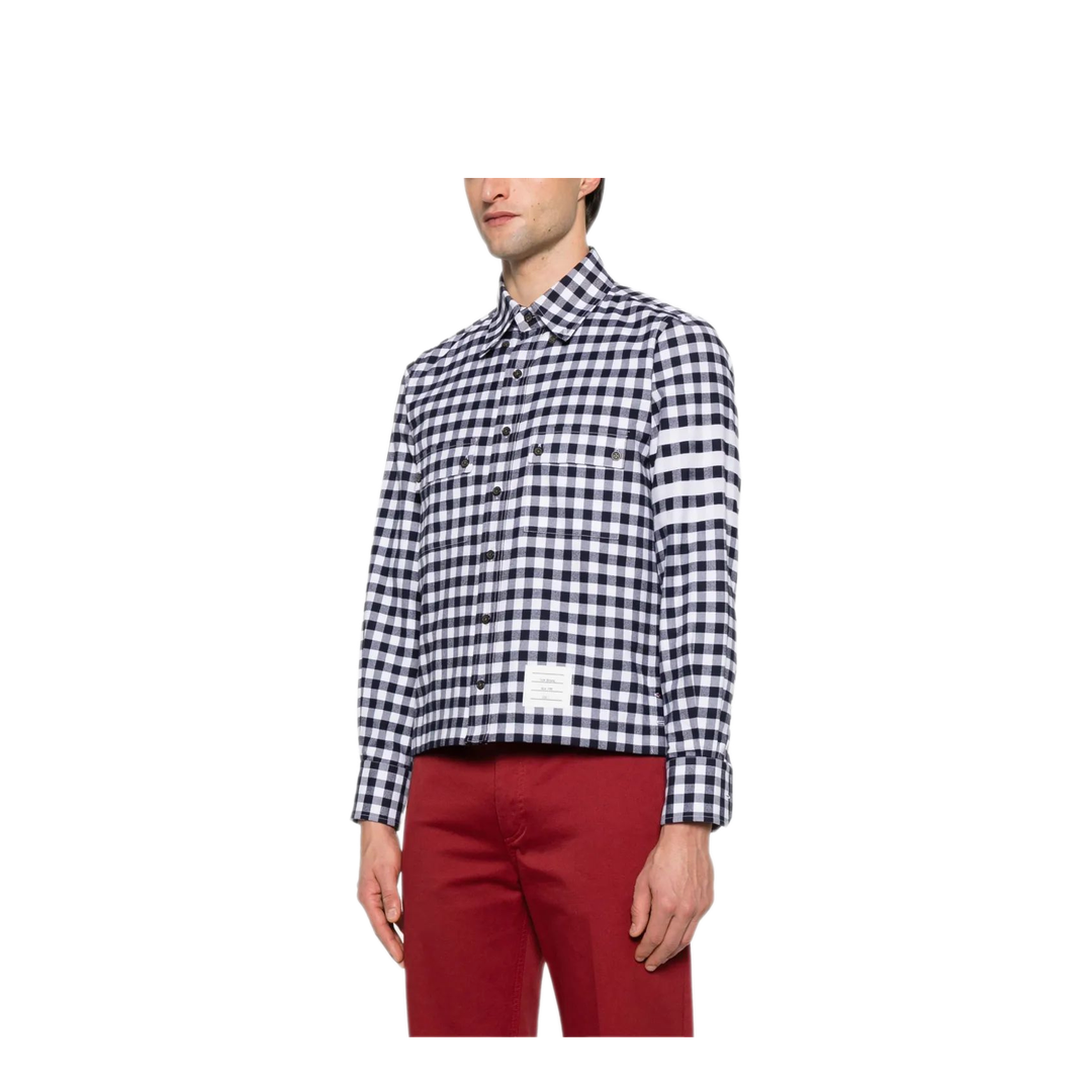 MAYFEYR - Thom Browne - Utility Shirt With Patch Pocket In 4 Bar Gingham Check Flannel - MWL417AF0945415