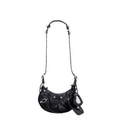 Le Cagole Xs Shoulder Bag in Black Crocodile Embossed With Rhinestones