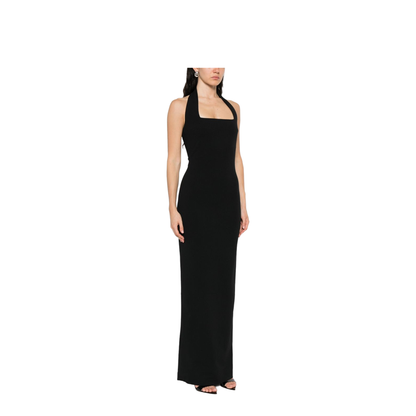 Black Rear Zip Fastening Halterneck Square Neck