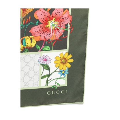 Green Silk Twill Scarf with Flora Print