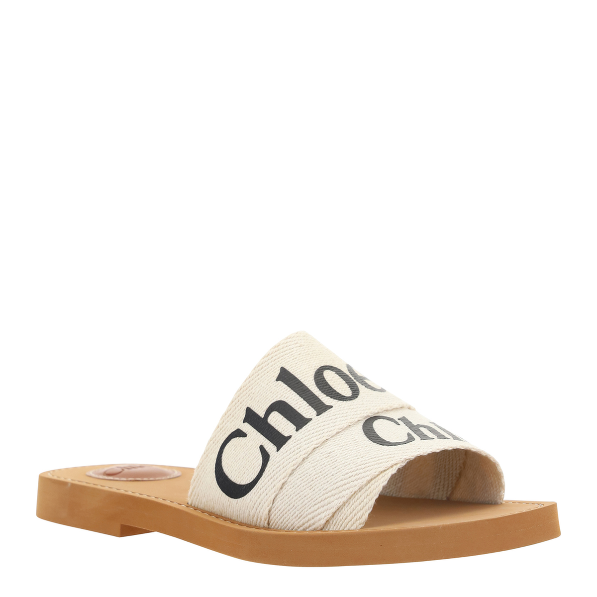 White Linen All-Over Logo Print Low Stacked Heel