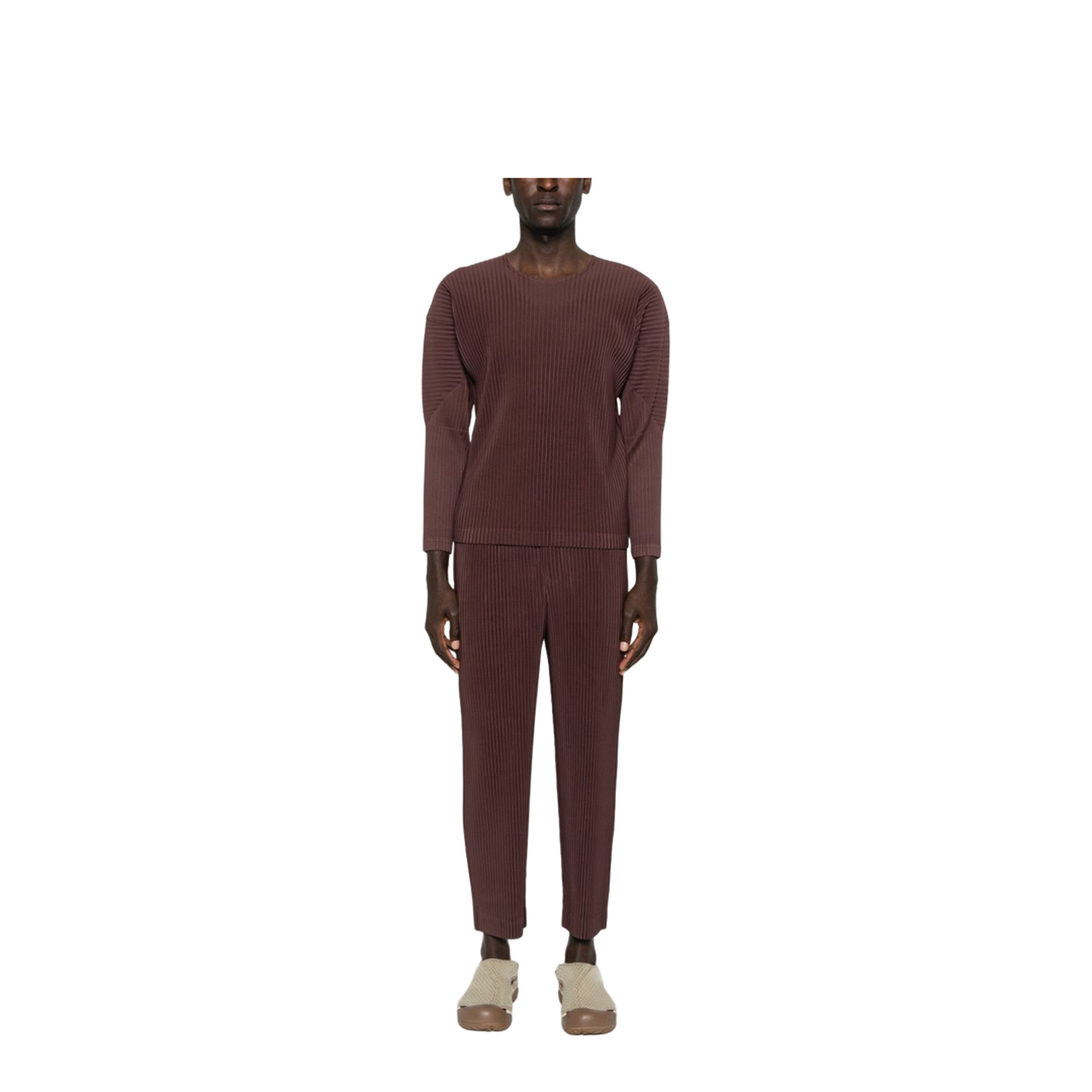Brown Pleated Design Cropped Pants