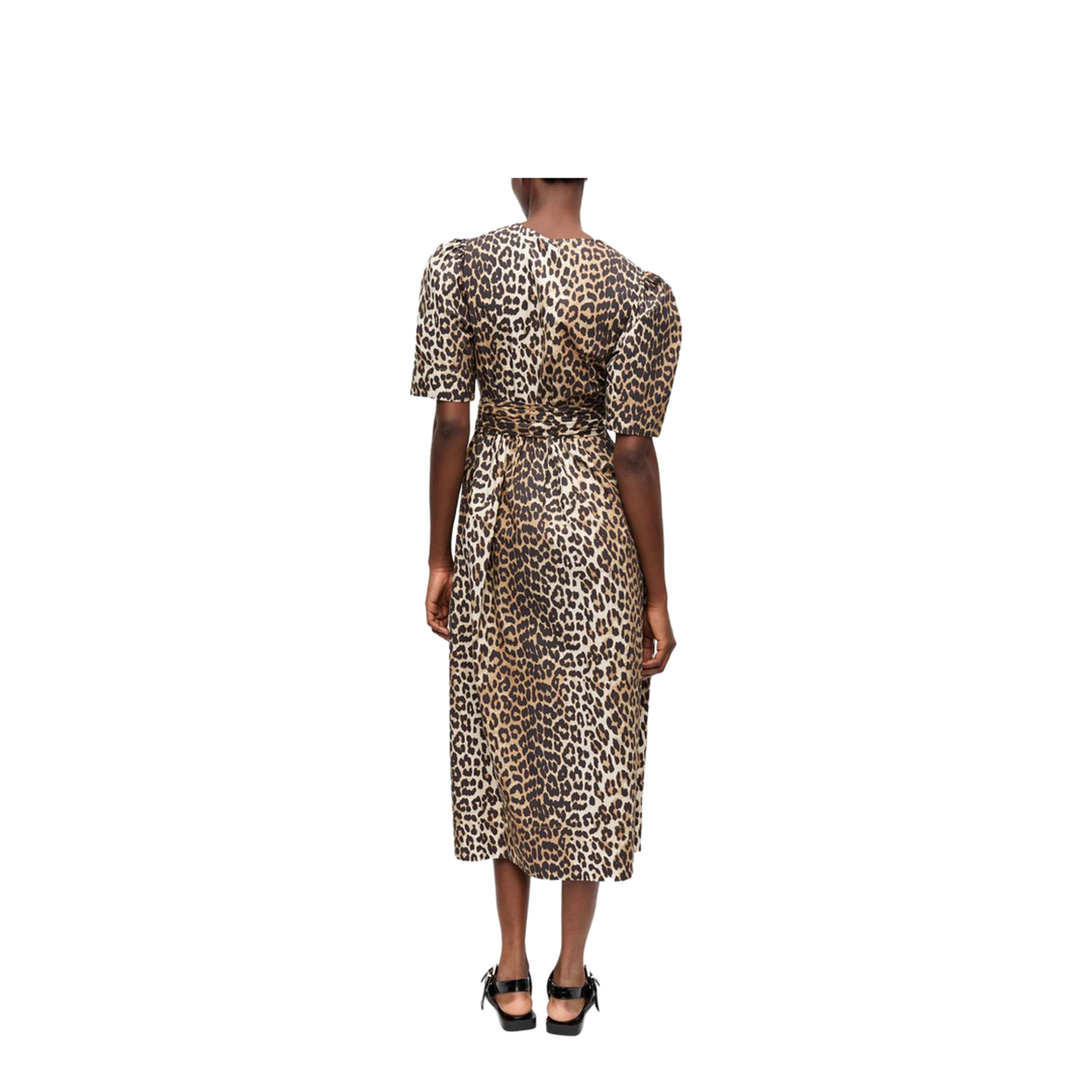 Leopard Print Tie Strap Midi Dress In Brown