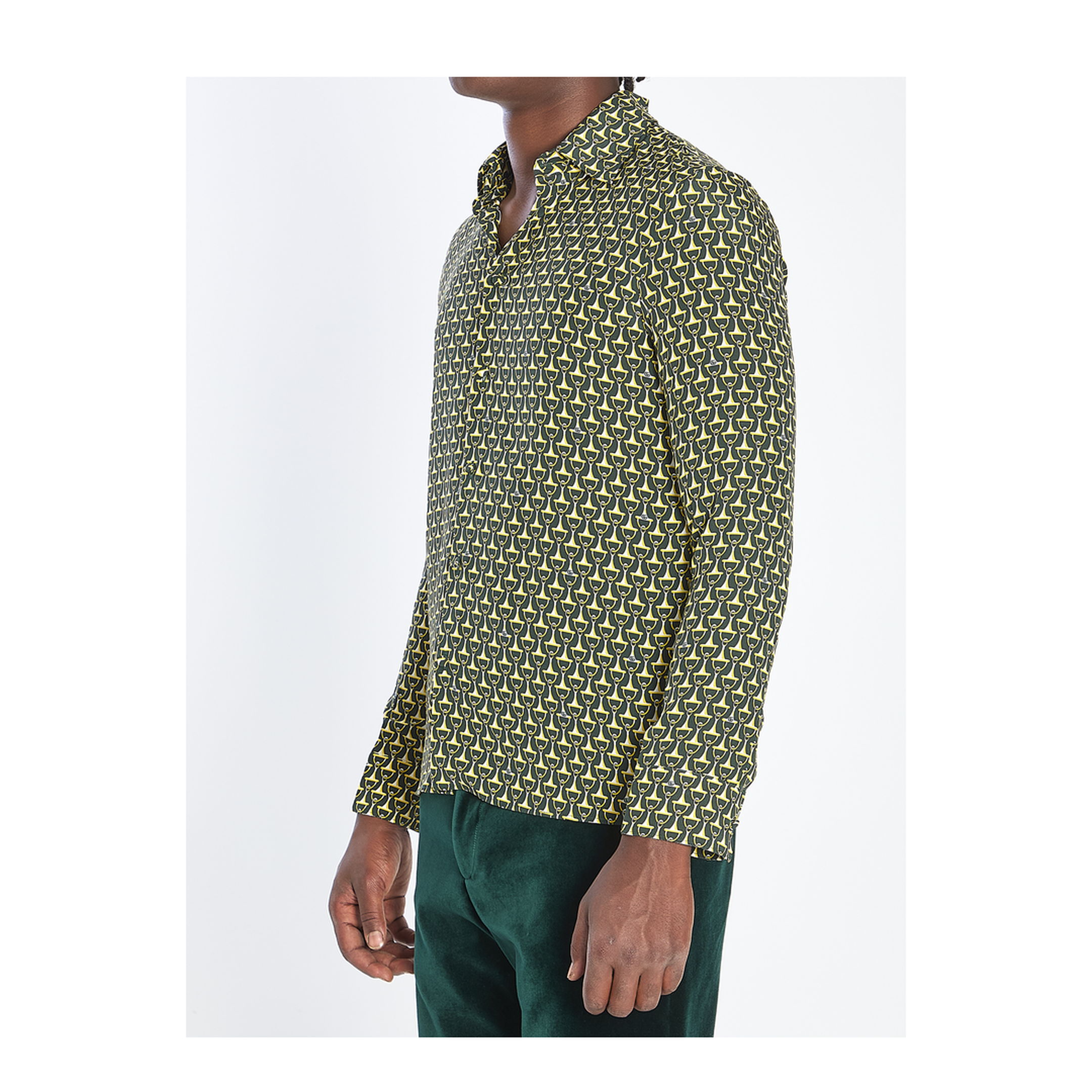Crêpe de Chine Silk Shirt in Dark Green and Gold