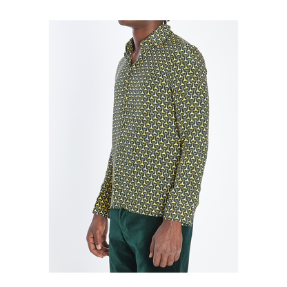 Crêpe de Chine Silk Shirt in Dark Green and Gold
