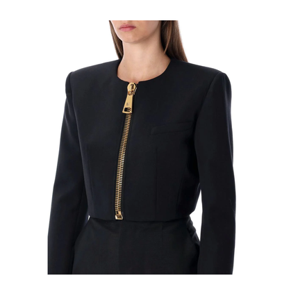 Cropped Black Wool Jacket With Gold Zip