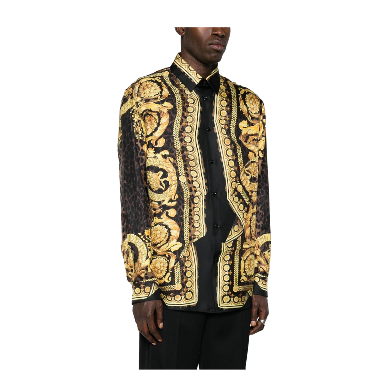 Black Silk Satin Twill Weave Shirt with Barocco and Leopard Print