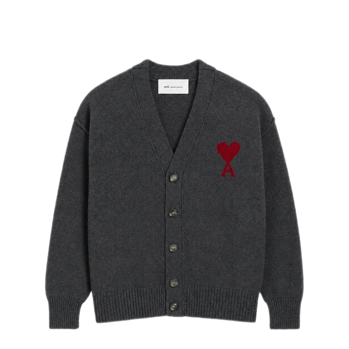 Grey Wool Cardigan with Ami de Coeur - Grey/Red
