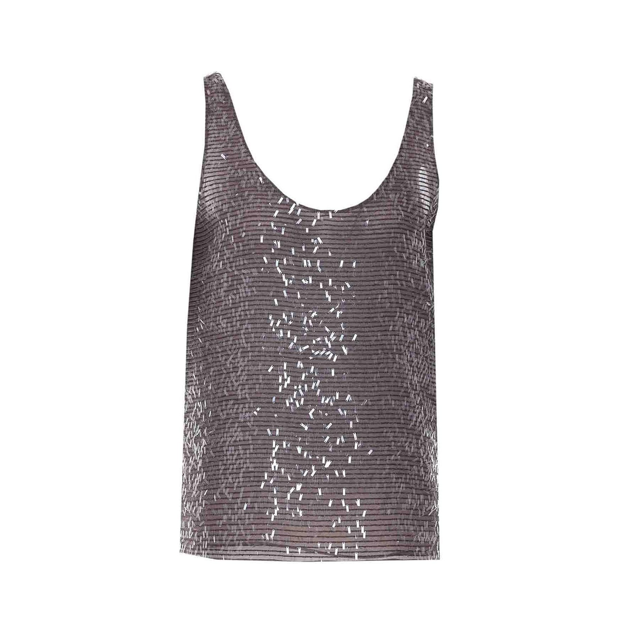 Brown Silk Sequin Top With Round Neck