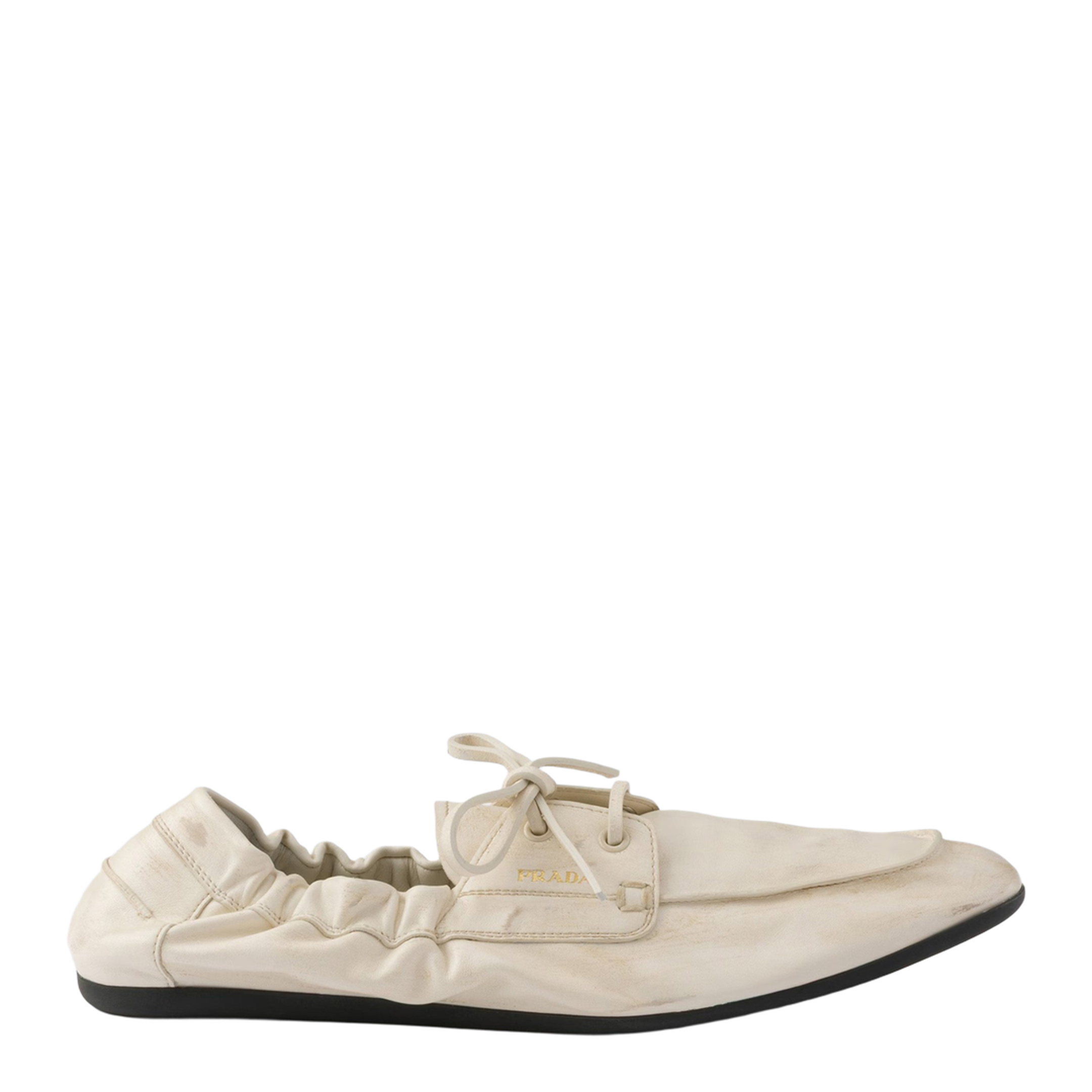 MAYFEYR - Prada - Shuffle Boat Loafers In Antique-Effect Leather, Talc Color - 1E434O005070F0K74