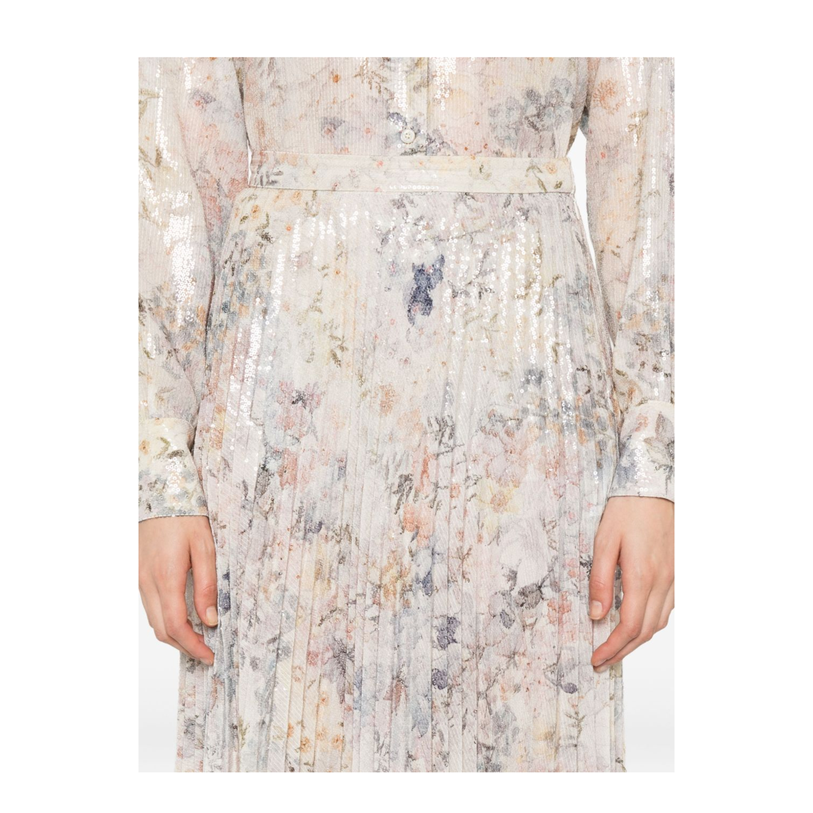 White Sequin-Embellished Pleated Skirt