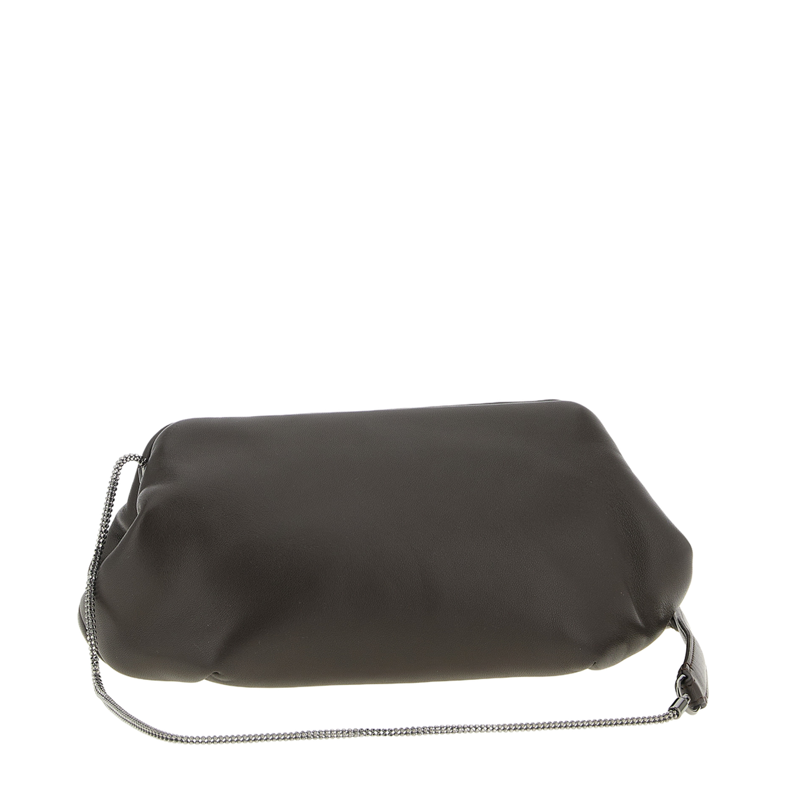 Leather Bag with Fixed Snap Closure and Monile Chain Detail