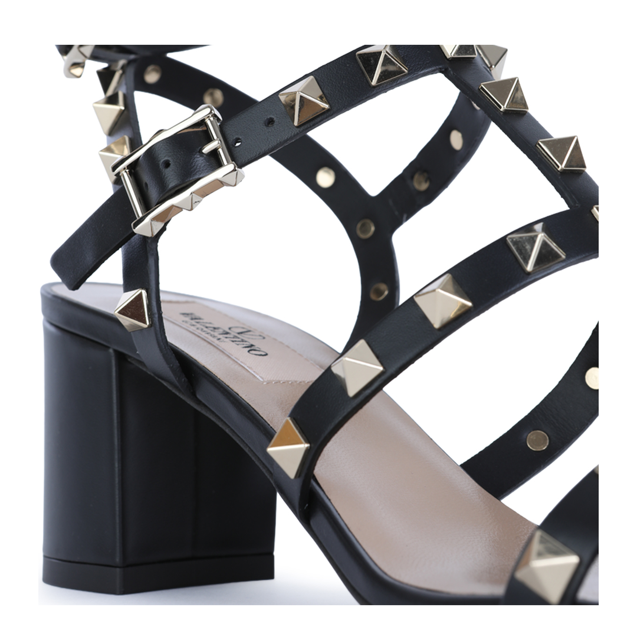 Rockstud Calfskin Leather Sandals with Studs in Black