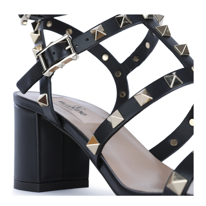 Rockstud Calfskin Leather Sandals with Studs in Black