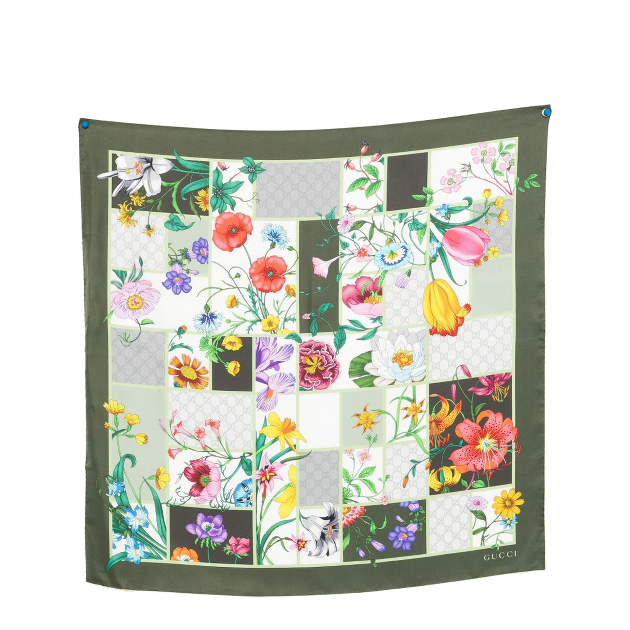 Green Silk Twill Scarf with Flora Print