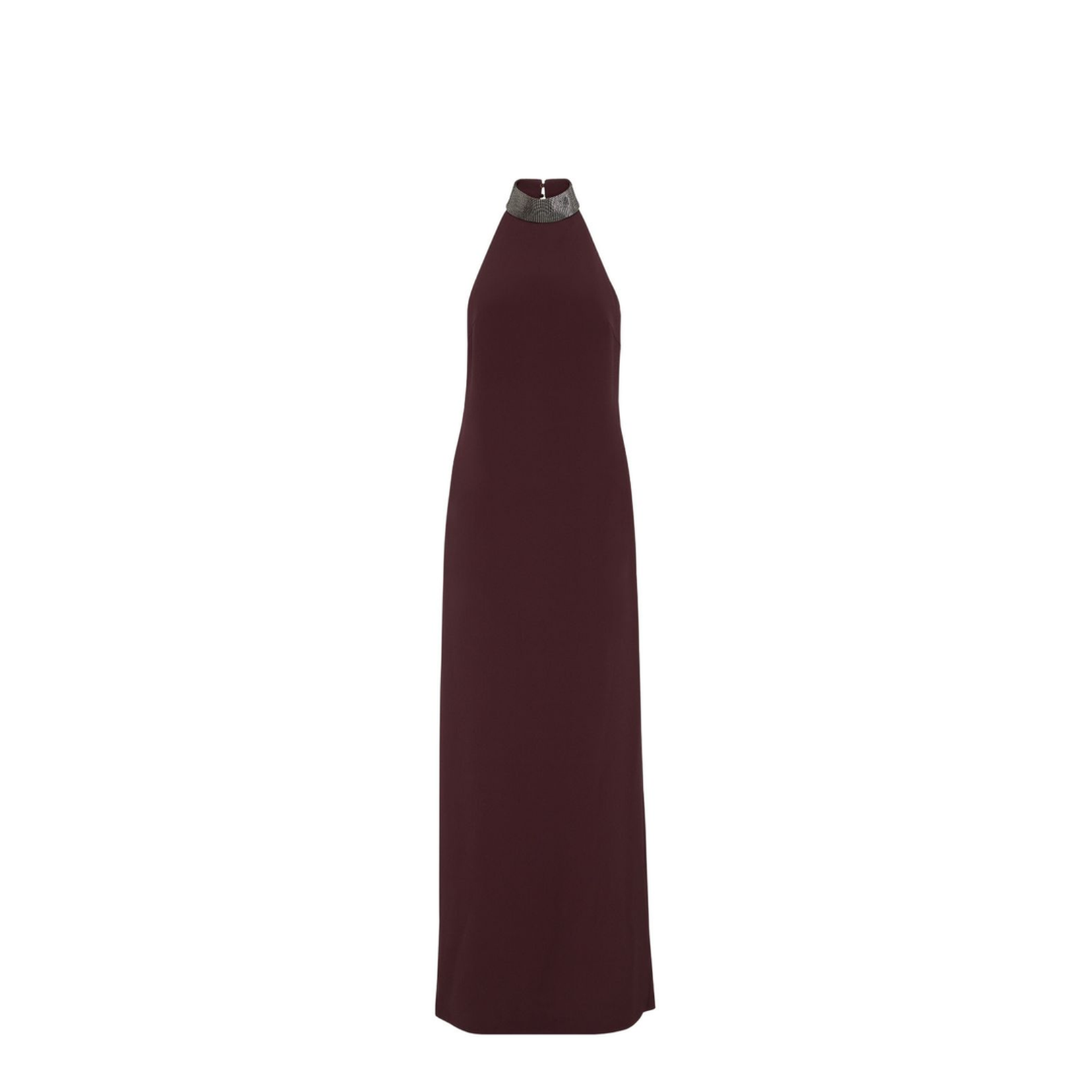 Burgundy Halter Neck Embellished Neckline Sleeveless Maxi Dress