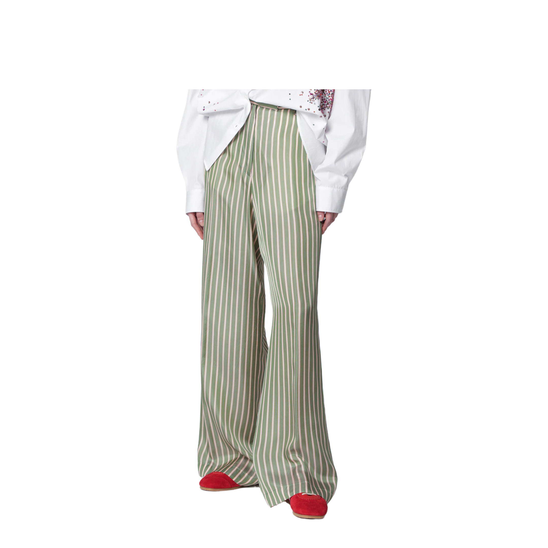 Wide-leg green striped trousers