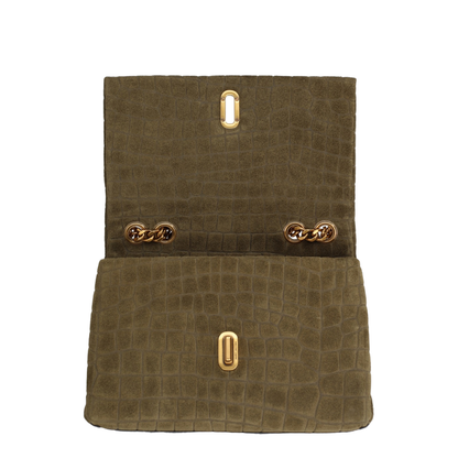 Slim Croc Suede Dual Chain Shoulder Bag - Olive Green