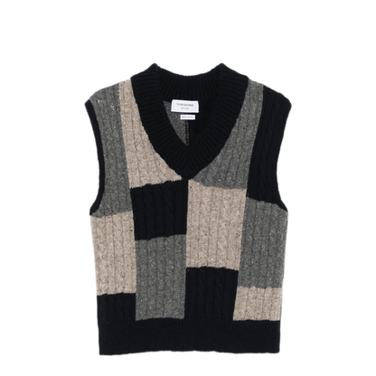 MAYFEYR - Thom Browne - Patchwork Baby Cable Intarsia V Neck Vest In Donegal - MKV092AY1032978