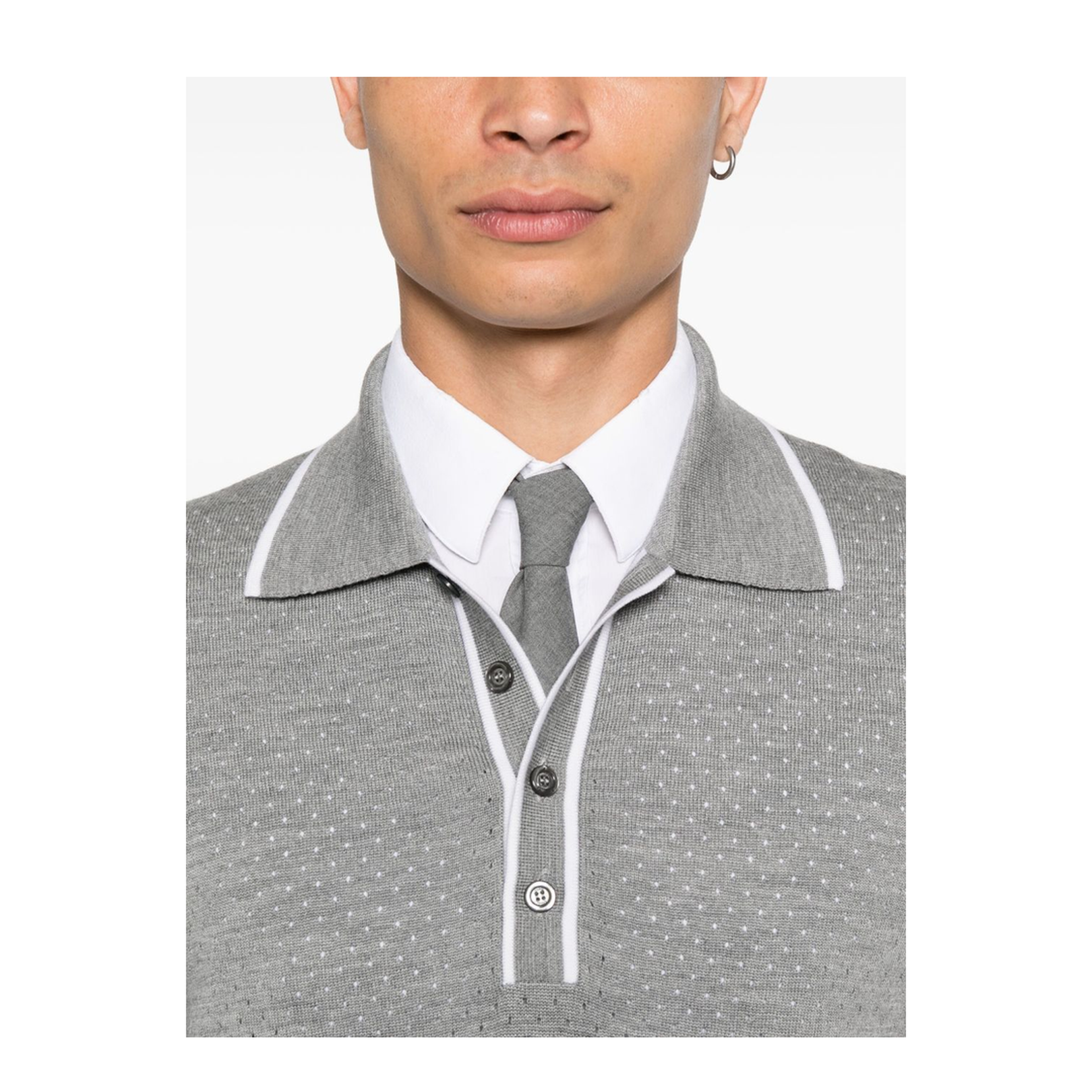 Fine Wool Knit Polo Shirt with Intarsia