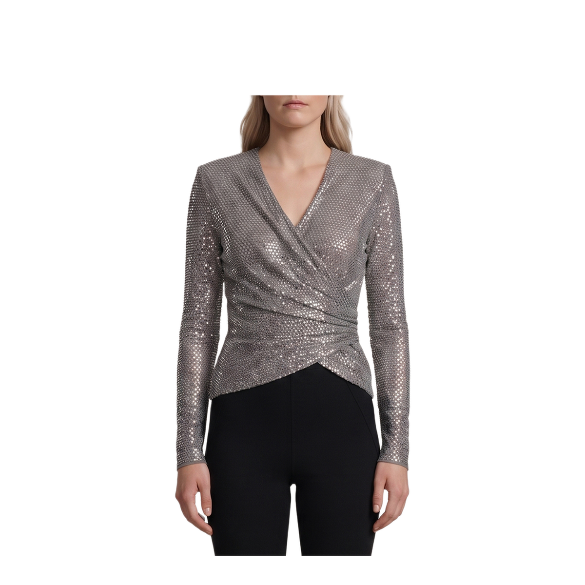 MAYFEYR - Self Portrait - Grey Rhinestone Mesh Wrap Top - AW26154TGR