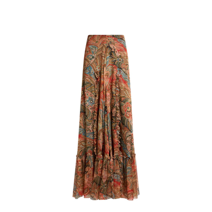 Silk Maxi Skirt with Flounce and Paisley Motif