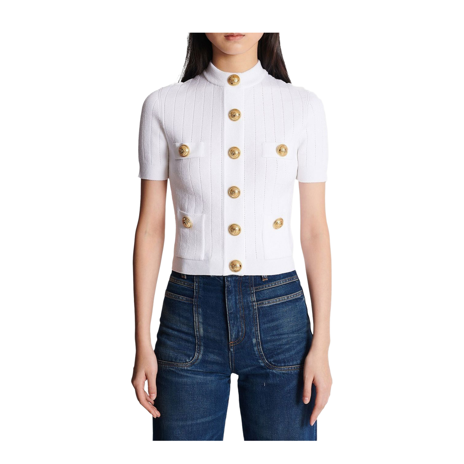 Pointelle Knit Sweater with Gold-tone Buttons