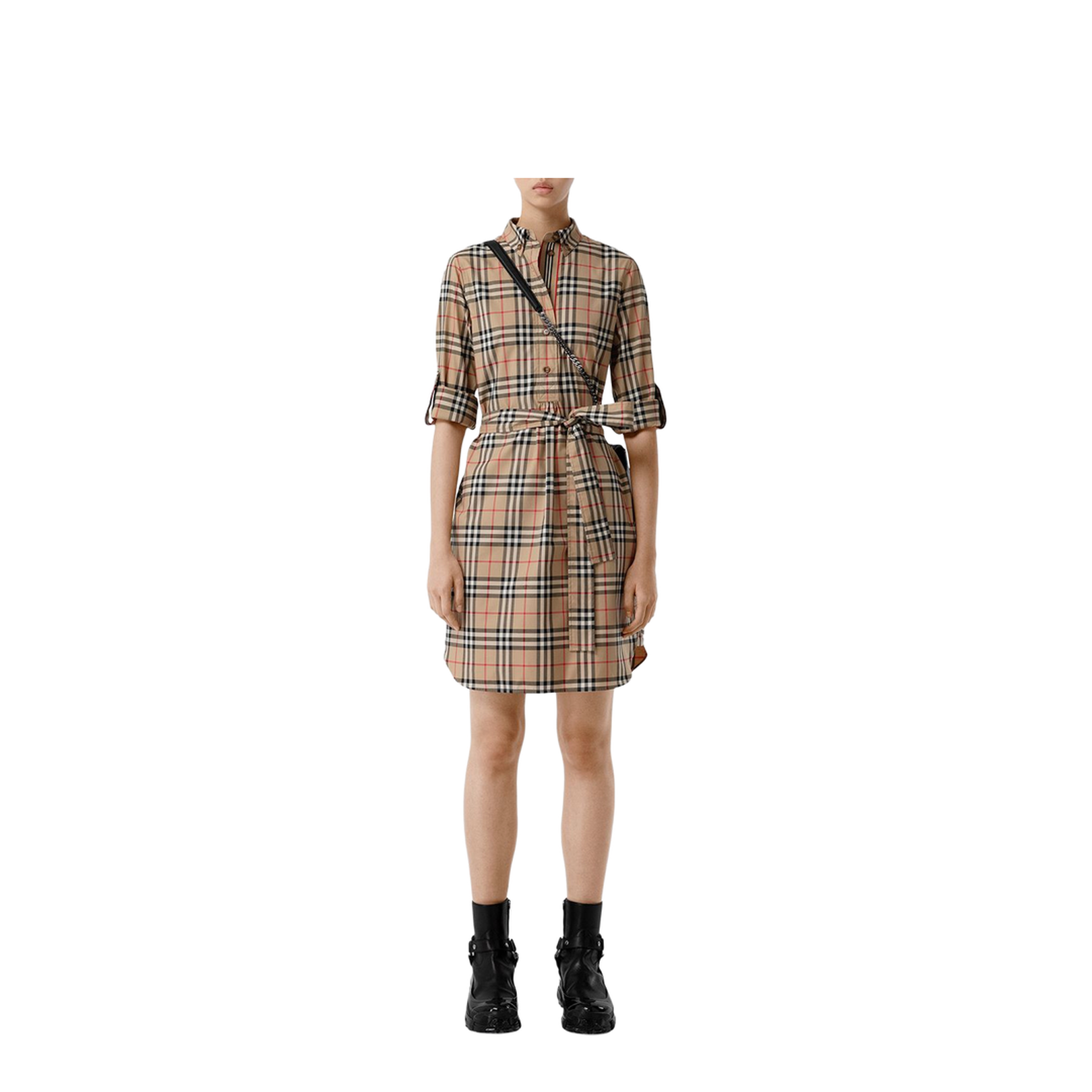 Beige Check Motif Cotton Shirt Dress