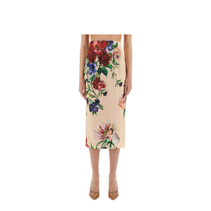 Flower Print Satin Midi Pencil Skirt