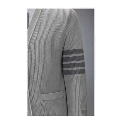 MAYFEYR - Thom Browne - Garment Dye Cardigan Stitch V Neck Cardigan In Cotton W/ Tonal 4 Bar Stripe - MKC635AY3065055