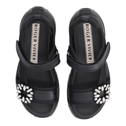 On The Run Black Leather And Textile Sandals