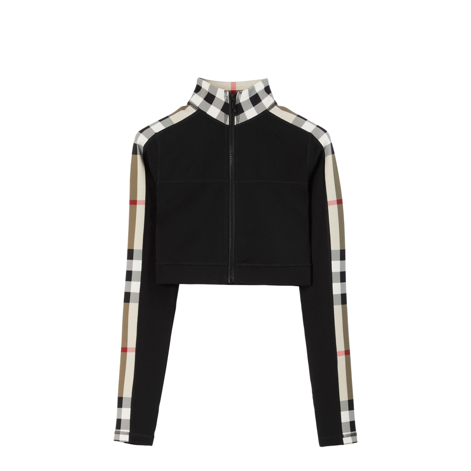 Cropped Check Trim Stretch Jersey Zip Top in Black