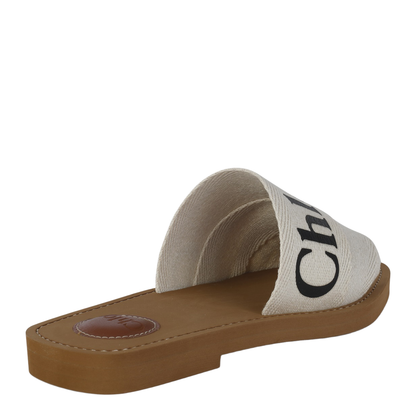 White Linen All-Over Logo Print Low Stacked Heel