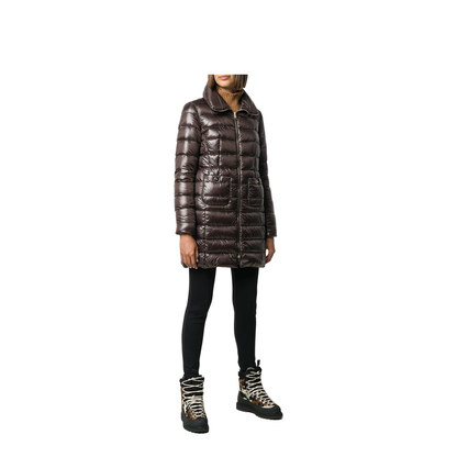 Quilted Goose Down Midi Jacket Brown