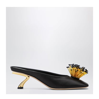 Black Mules with Sculptural Heel and Crystal Flower