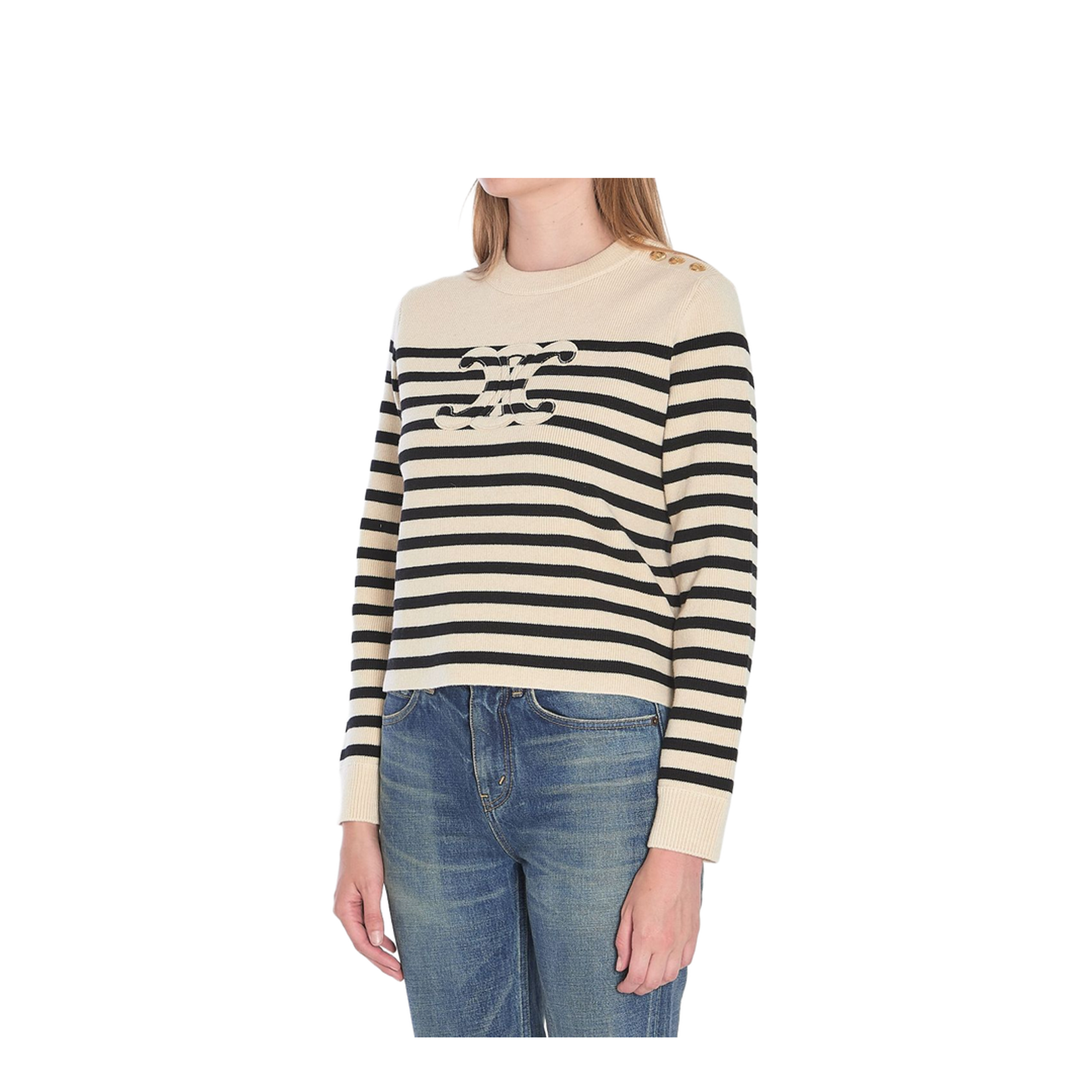 Crew Neck Sweater in Wool Cashmere - Ecru/Black
