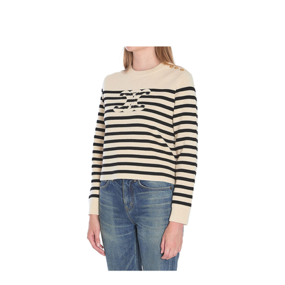 Crew Neck Sweater in Wool Cashmere - Ecru/Black