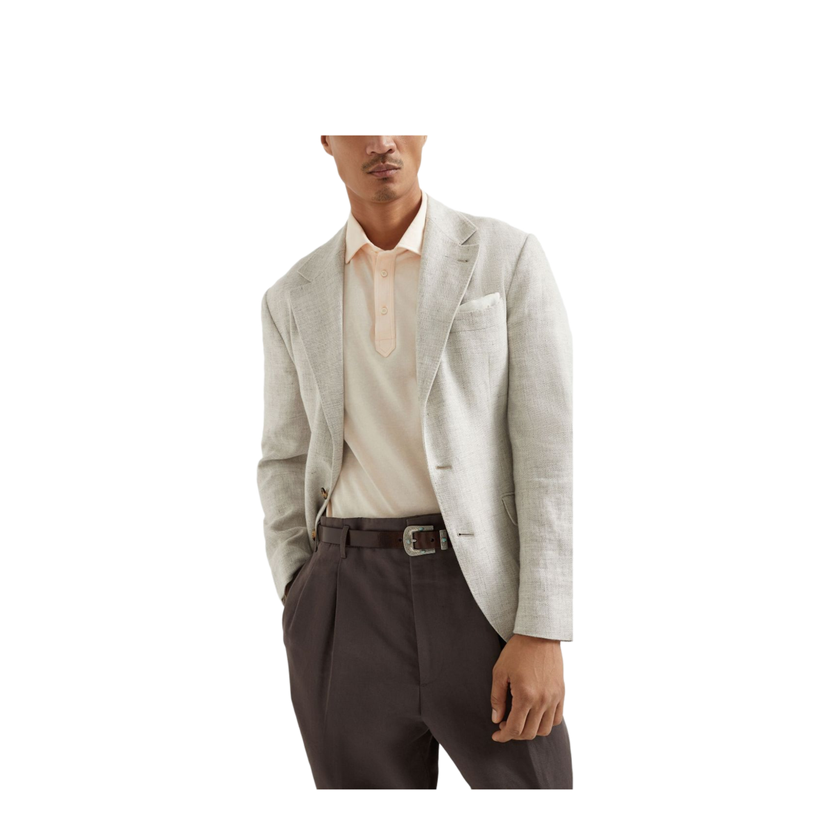 Cotton and linen piqué polo with shirt-style collar