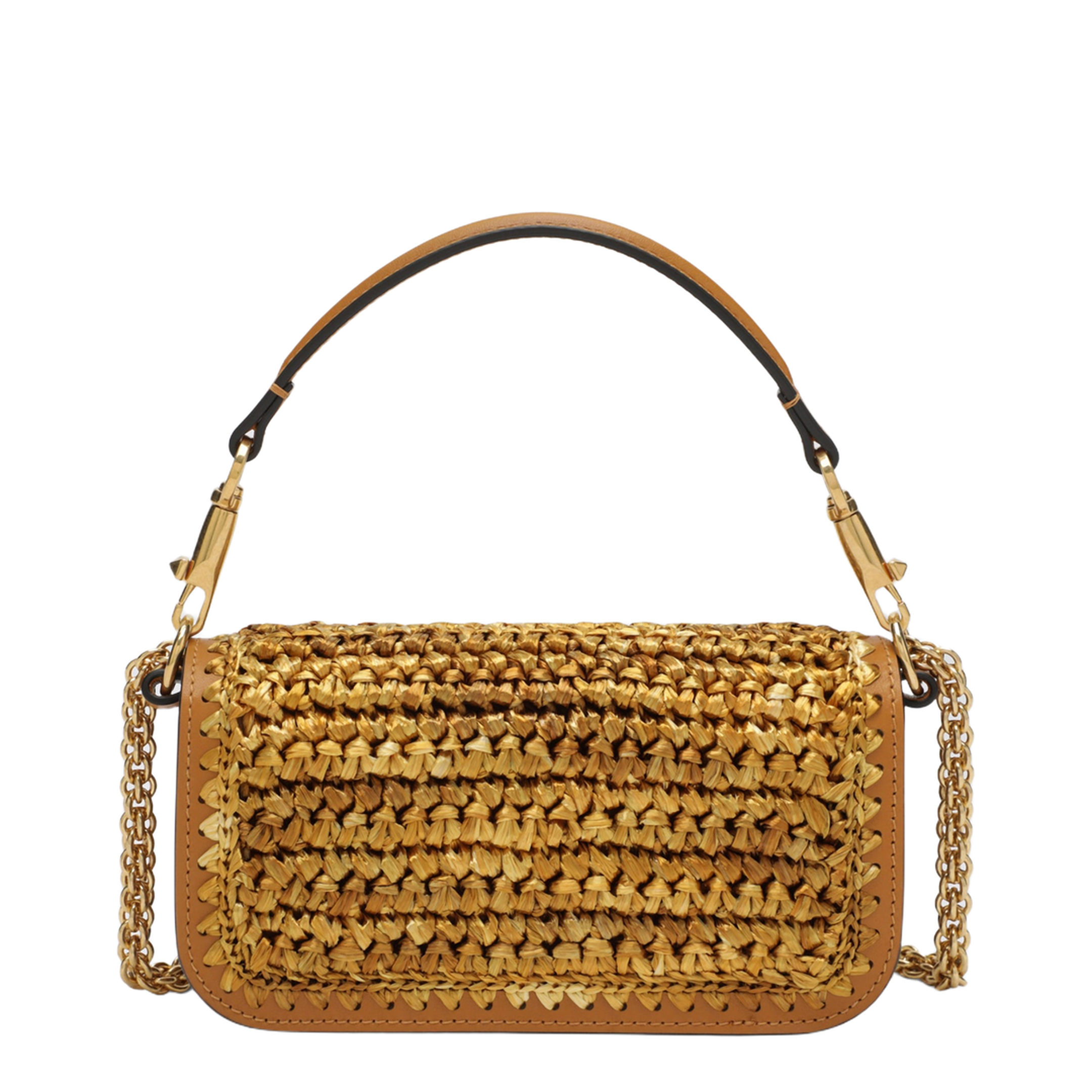 Locò Small Raffia Shoulder Bag - Natural Raffia/Brown with Gold-Tone Hardware