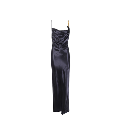 Gold Detail Satin Dress Black
