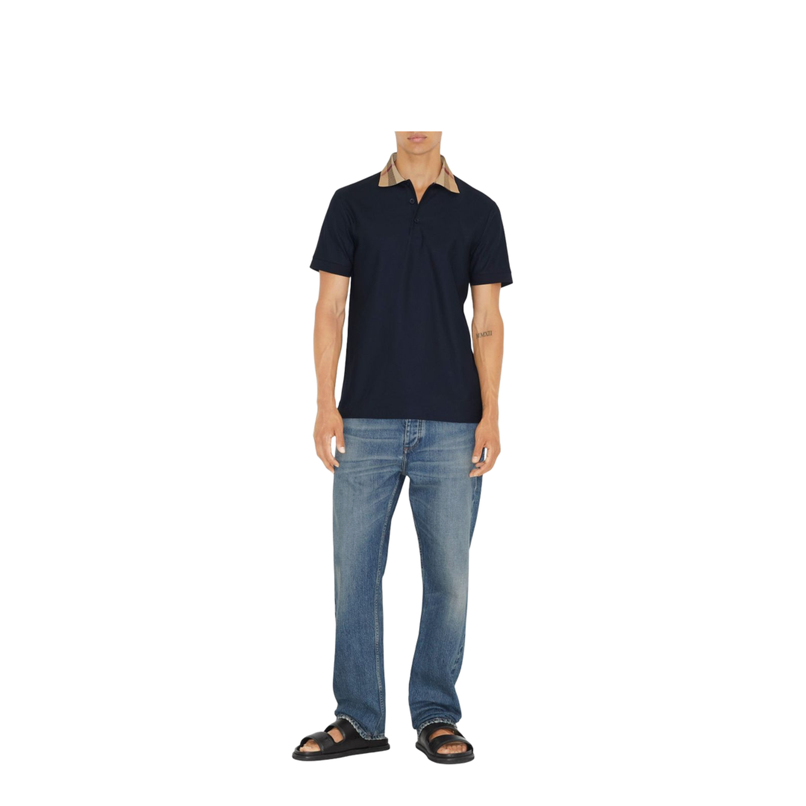 Checked-Collar Cotton Polo Shirt - Blue
