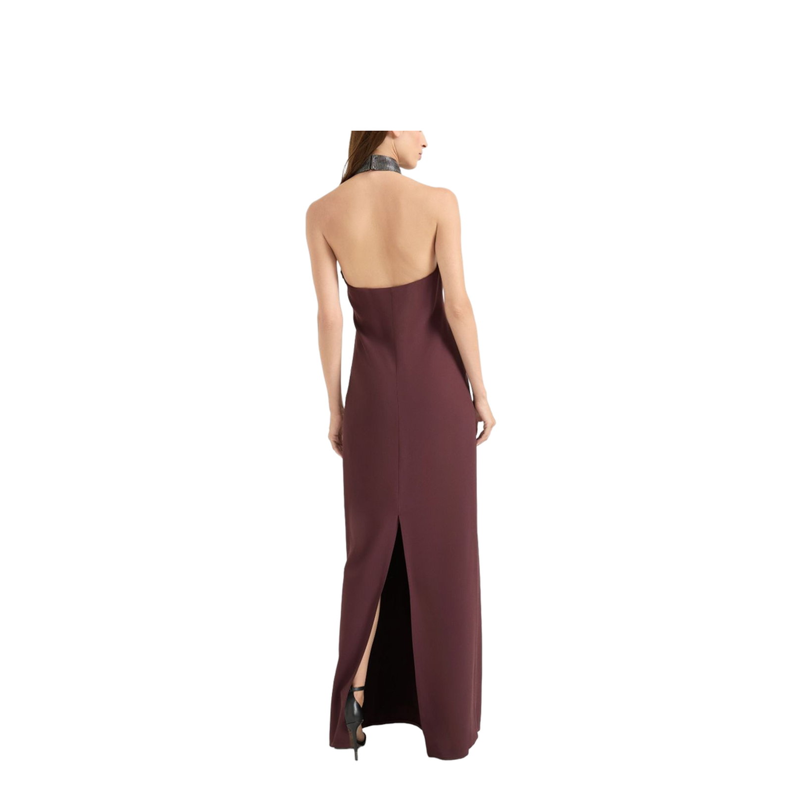 Burgundy Halter Neck Embellished Neckline Sleeveless Maxi Dress