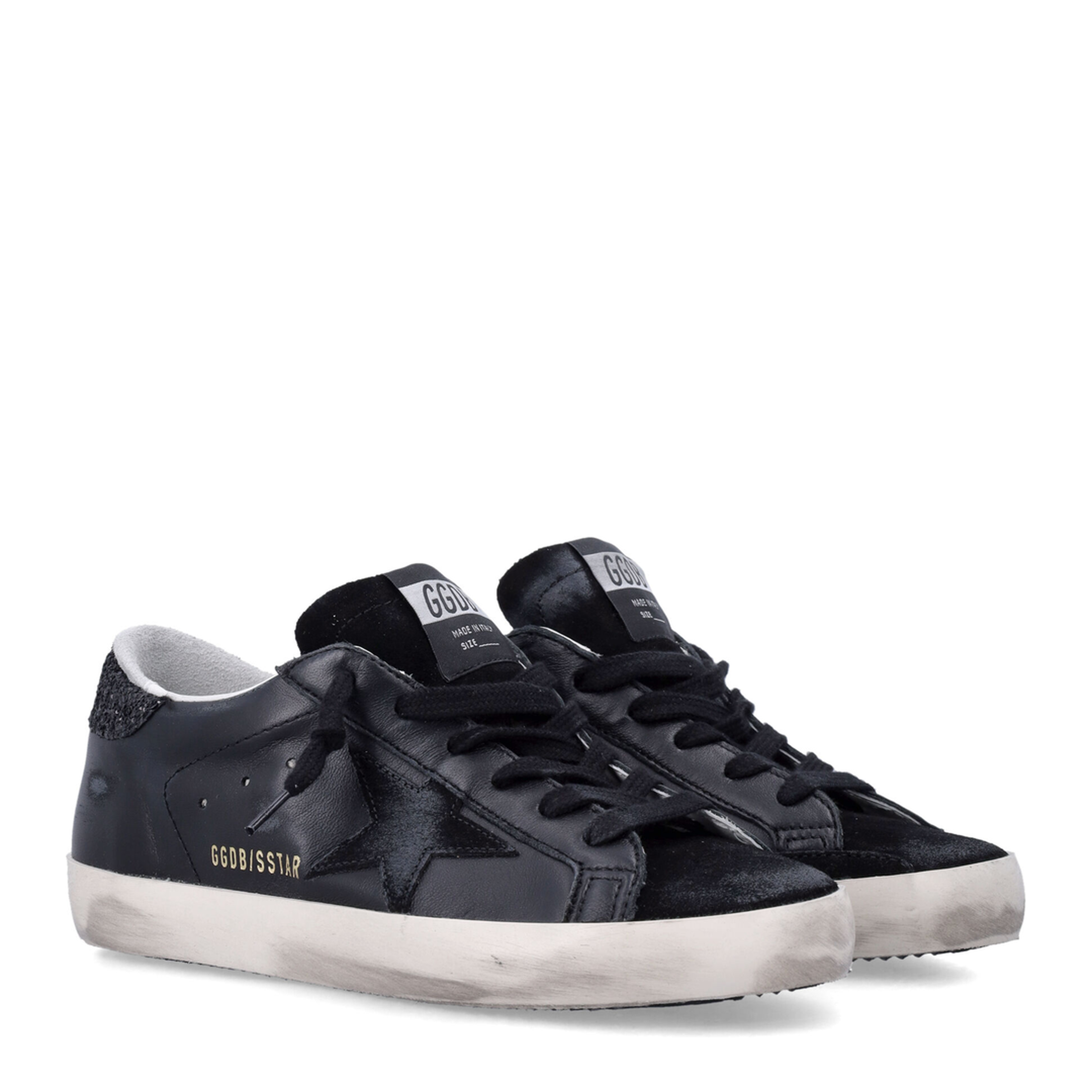 Super-Star in Black Nappa with Black Star and Glitter Heel Tab