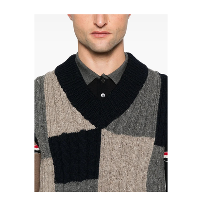 MAYFEYR - Thom Browne - Patchwork Baby Cable Intarsia V Neck Vest In Donegal - MKV092AY1032978