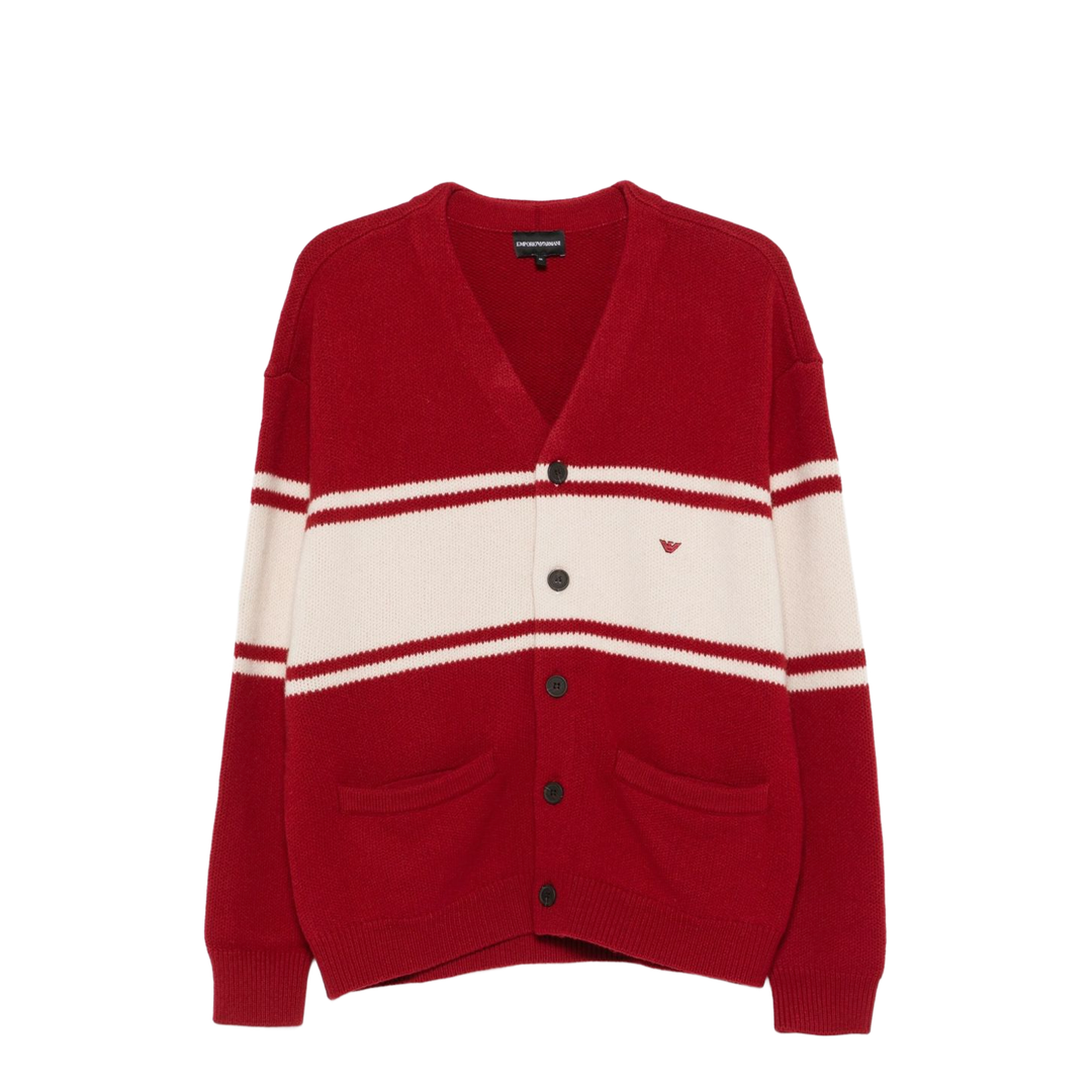 Red Horizontal Stripes Button Fastening V-Neck Patch Pocket Embroidered Logo