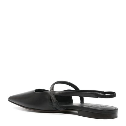 Black Calf Leather Pointed Toe Open Back Slingback Shoes