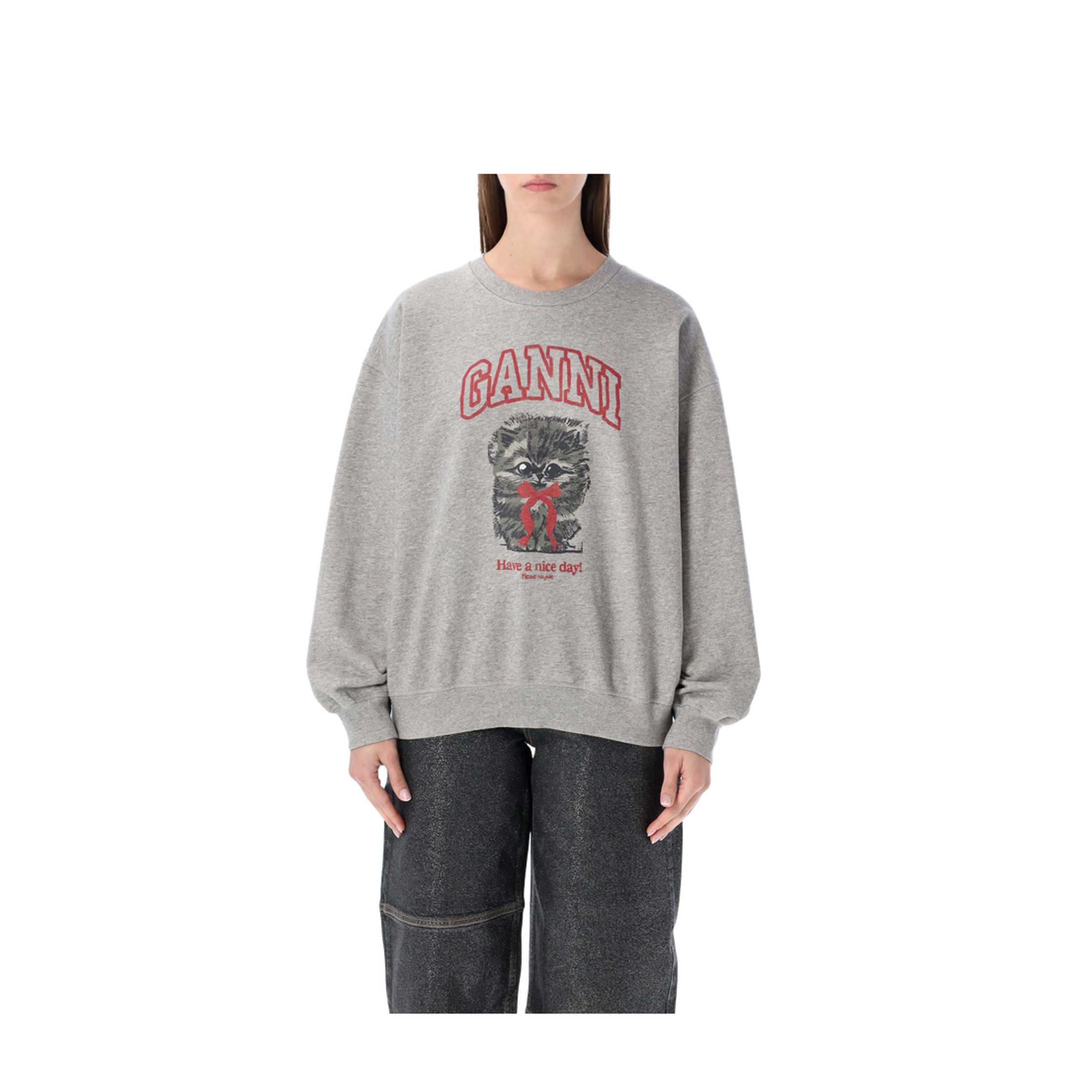 Grey Kitty Sweatshirt with Logo Print
