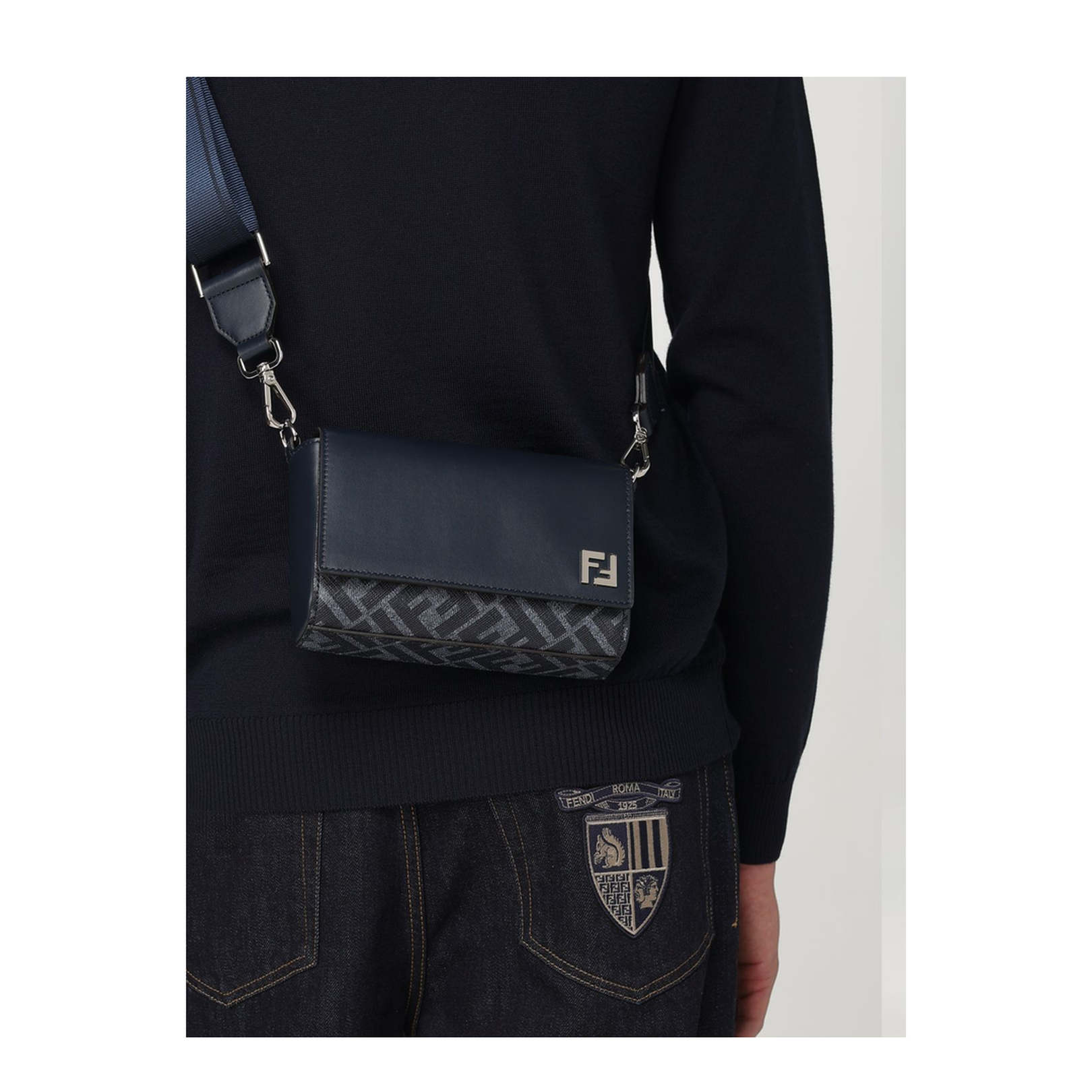 FF Leather Crossbody Bags - Navy Blue