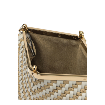 Vela Medium Woven Leather and Raffia Shoulder Bag - White